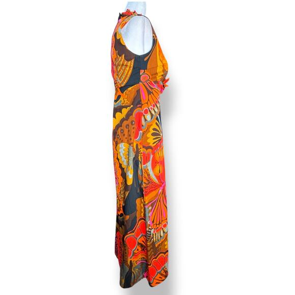 Vintage 60s Liberty House Lilia Butterfly Print Psychedelic Orange Maxi Dress XS - Picture 8 of 11